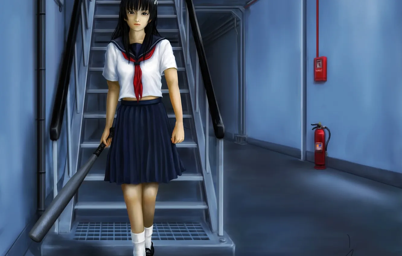 Фото обои девушка, арт, лестница, форма, to aru kagaku no railgun, помещение, бита, to aru majutsu no …
