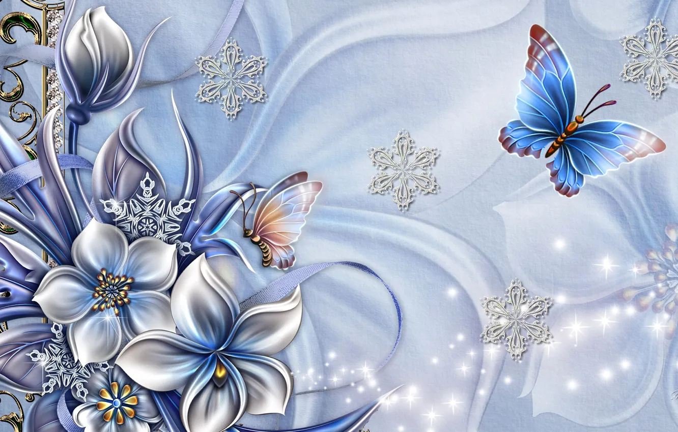 Фото обои цветок, коллаж, бабочка, снежинка