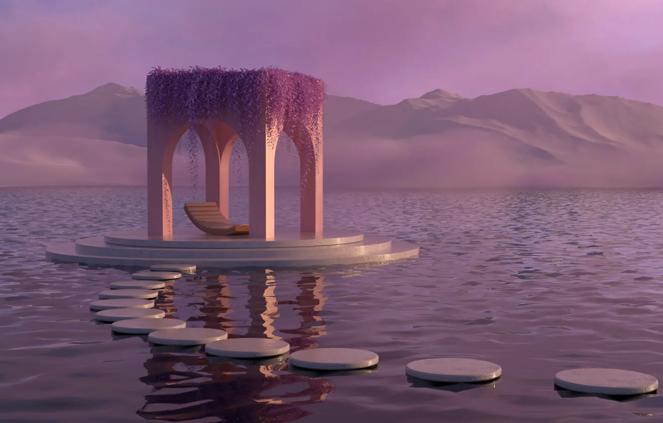 Фото обои круги, горы, дорожка, розовая дымка, беседка на воде, деревянный лежак