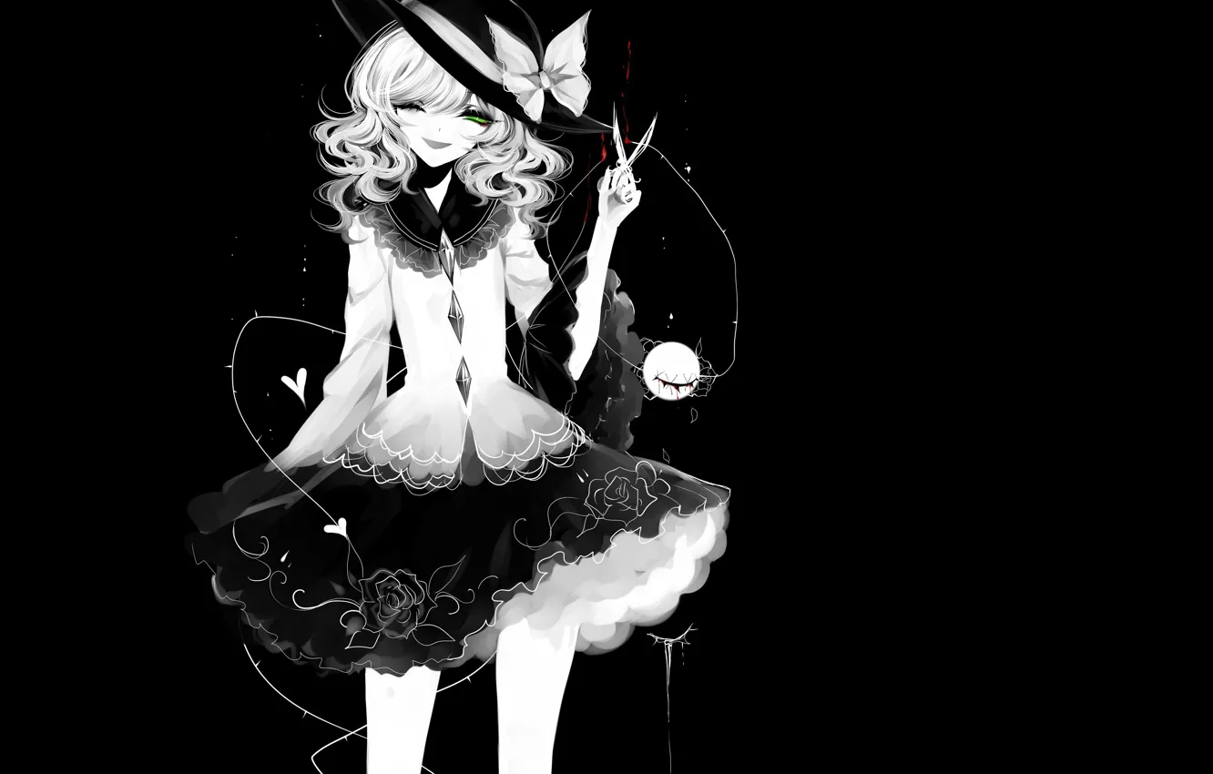 Фото обои девушка, чёрный фон, ножницы, Touhou, Тохо, Тоухоу, аниме игра