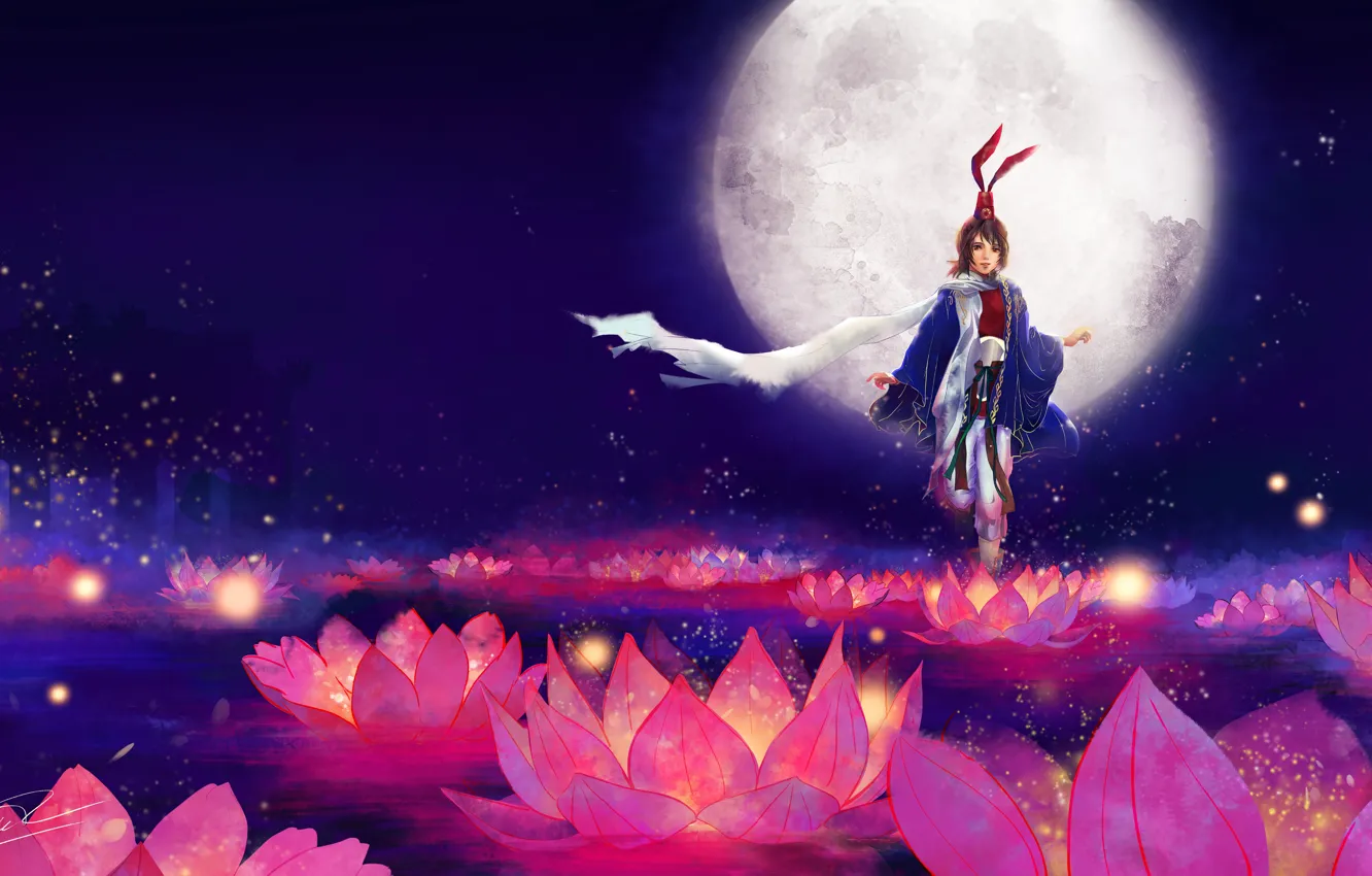 Фото обои девушка, цветы, фон, луна