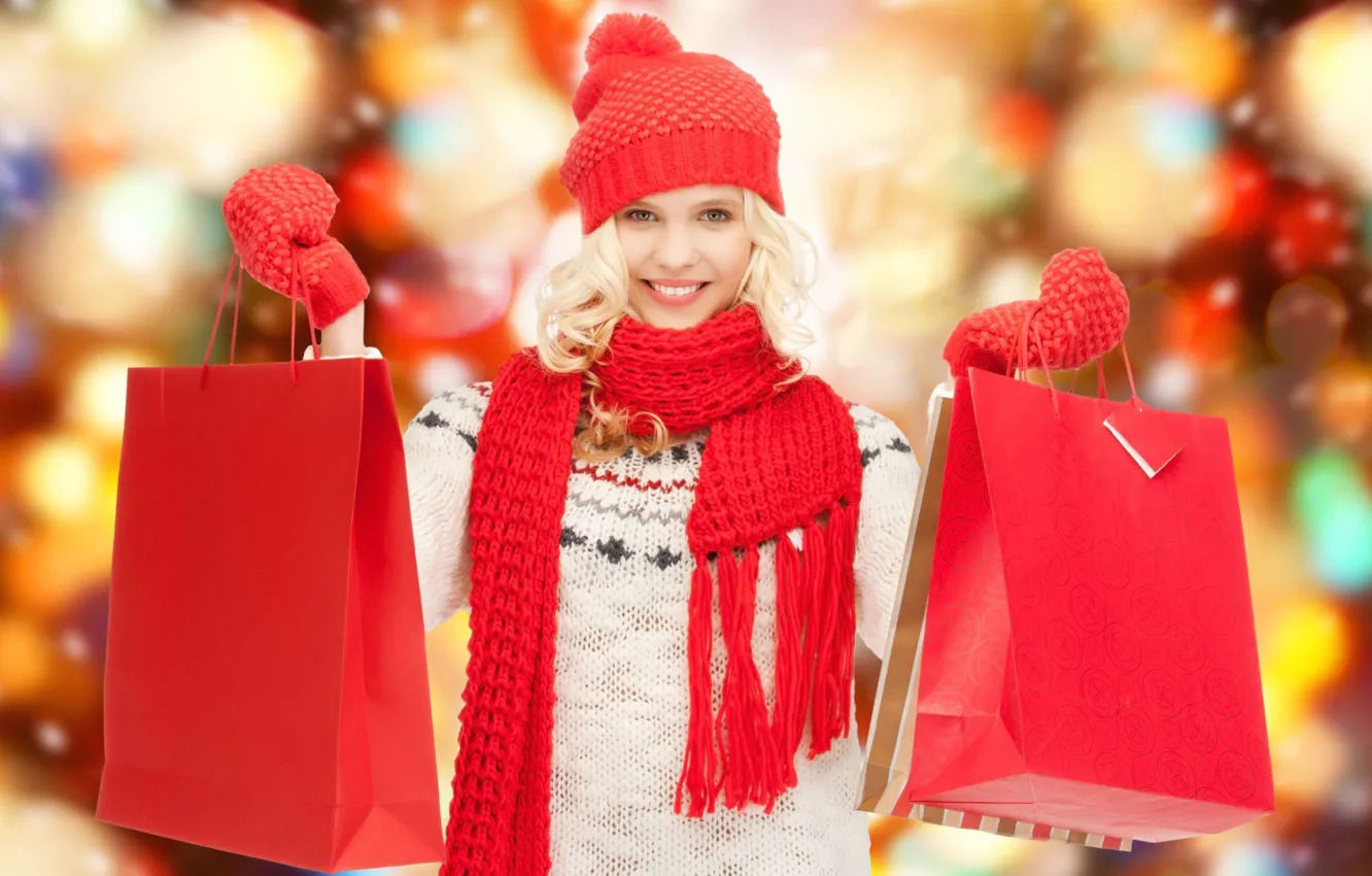 Фото обои зима, Девушка, пакет, шопинг, скидки, распродажи