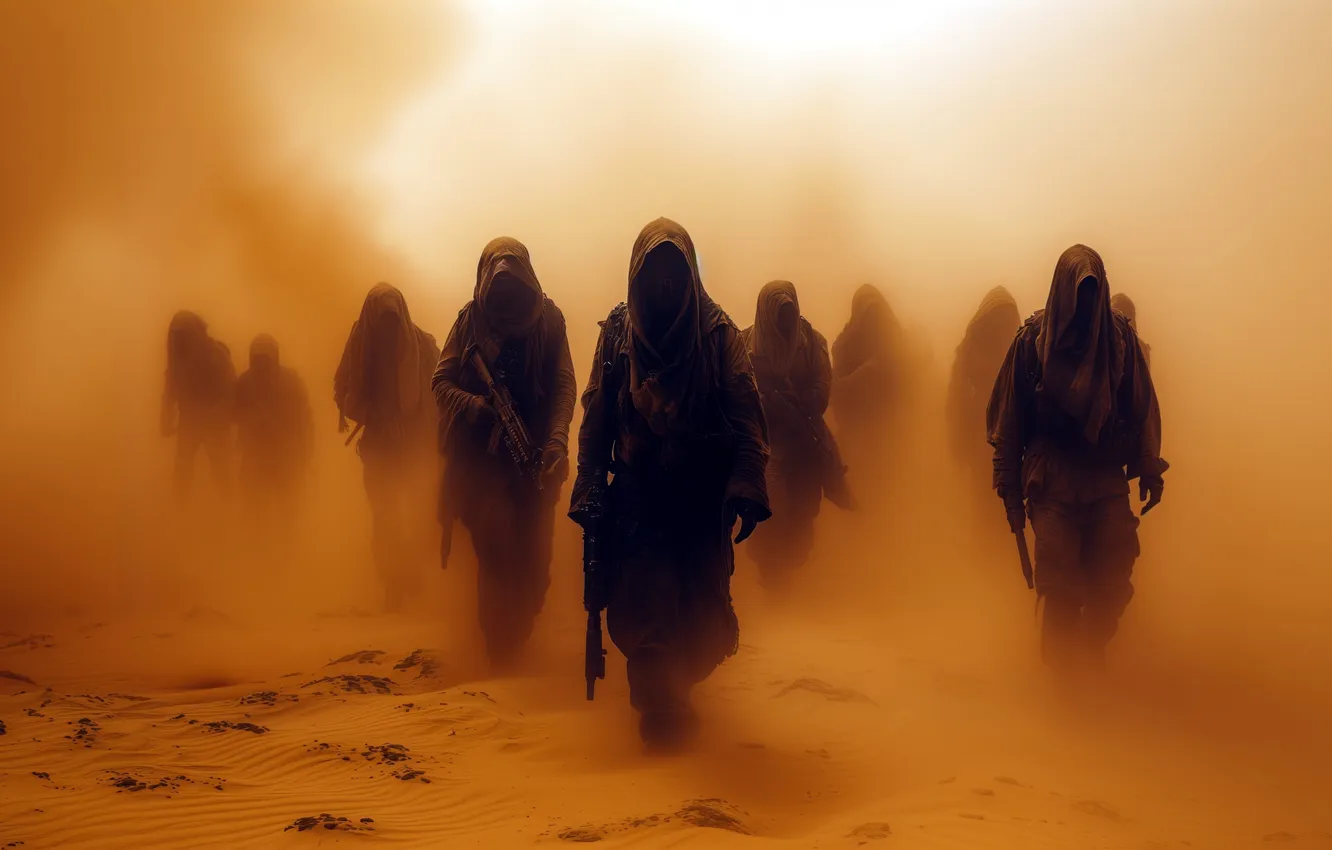 Фото обои guns, desert, sand, weapons, mens, rifles, squad, hoods