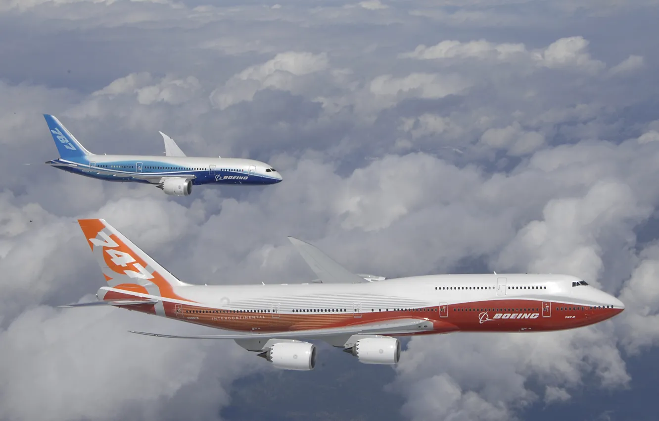 Фото обои Небо, Облака, Самолет, Самолеты, Полет, 787, Boeing, Высота