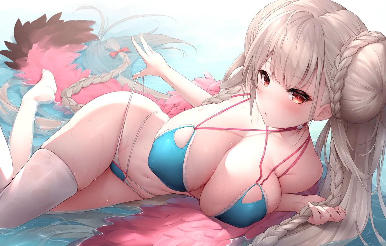 Фото обои girl, sexy, long hair, boobs, anime, water, beautiful, pretty