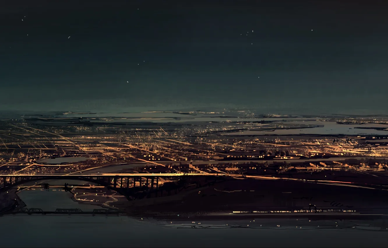 Фото обои звезды, пейзаж, ночь, мост, город, огни, арт, seo tatsuya
