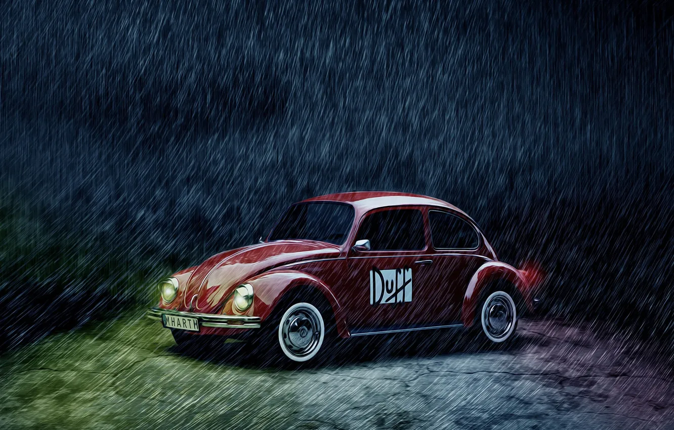 Фото обои car, дождь, жук, volkswagen, red, vintage, beetle, duff