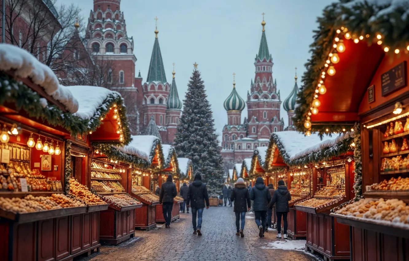 Фото обои украшения, city, город, улица, Рождество, Москва, Новый год, christmas
