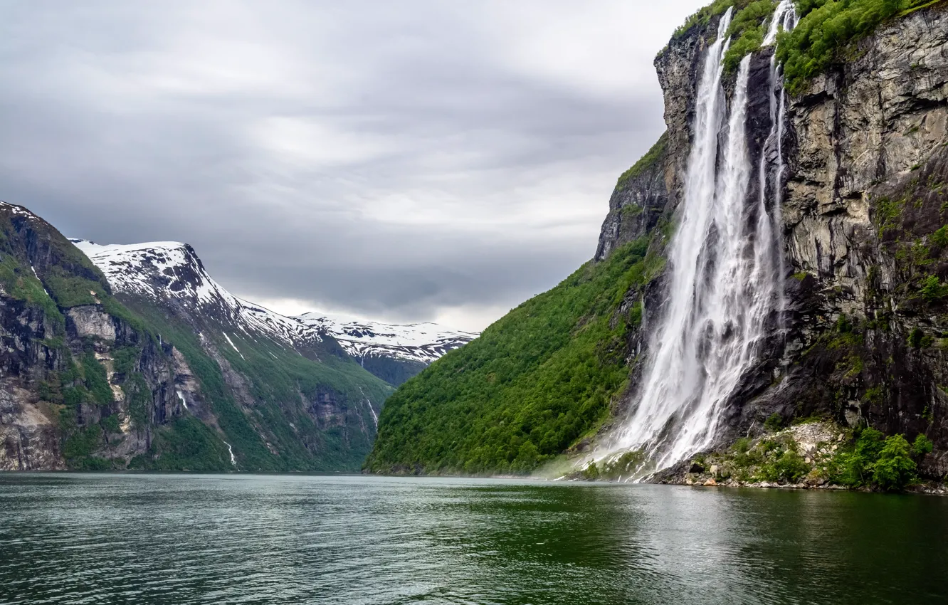Фото обои Природа, Горы, Водопад, Норвегия, Пейзаж, Гейрангер-фьорд, Geirangerfjord, Фьорд
