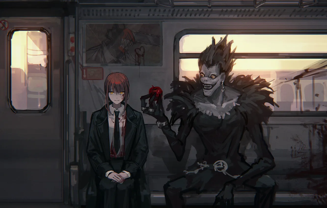Фото обои девушка, кровь, бог, поезд, яблоко, демон, Death Note, сердечко