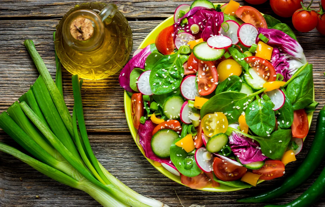 Фото обои зелень, масло, лук, овощи, салат