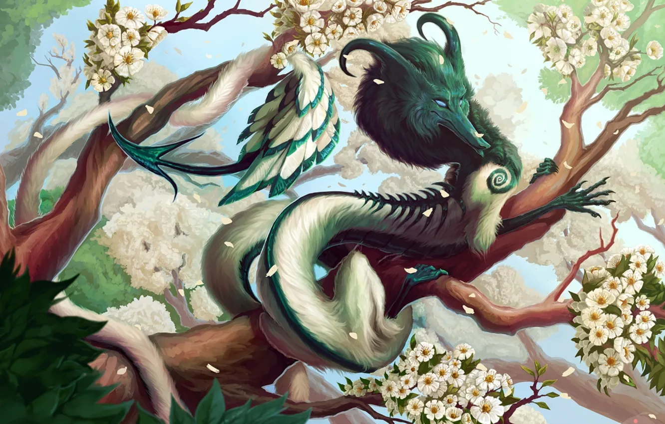 Фото обои рога, horns, blue sky, цветущие деревья, голубое небо, fantasy art, зеленая листва, flowering trees