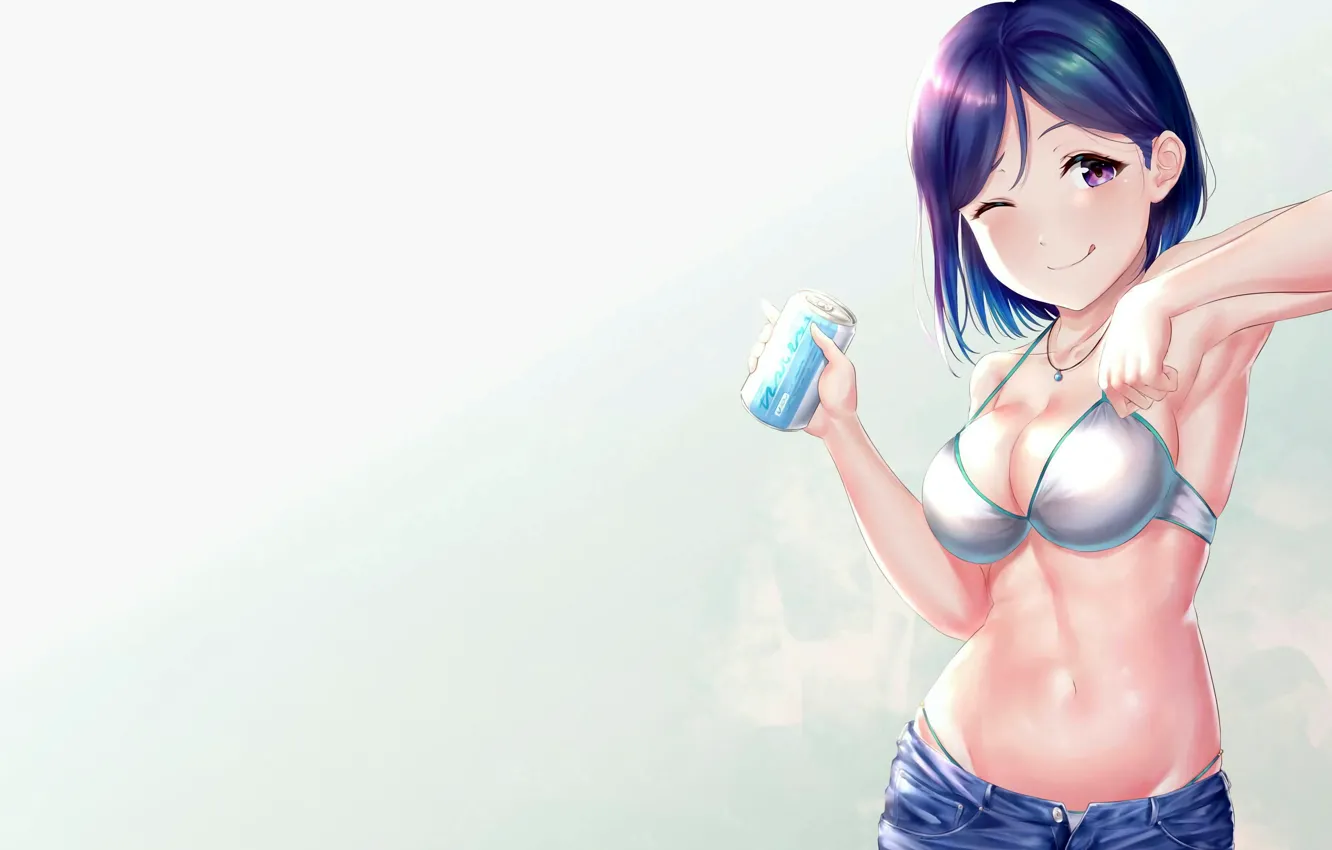 Фото обои girl, sexy, cleavage, shorts, boobs, anime, beautiful, short hair