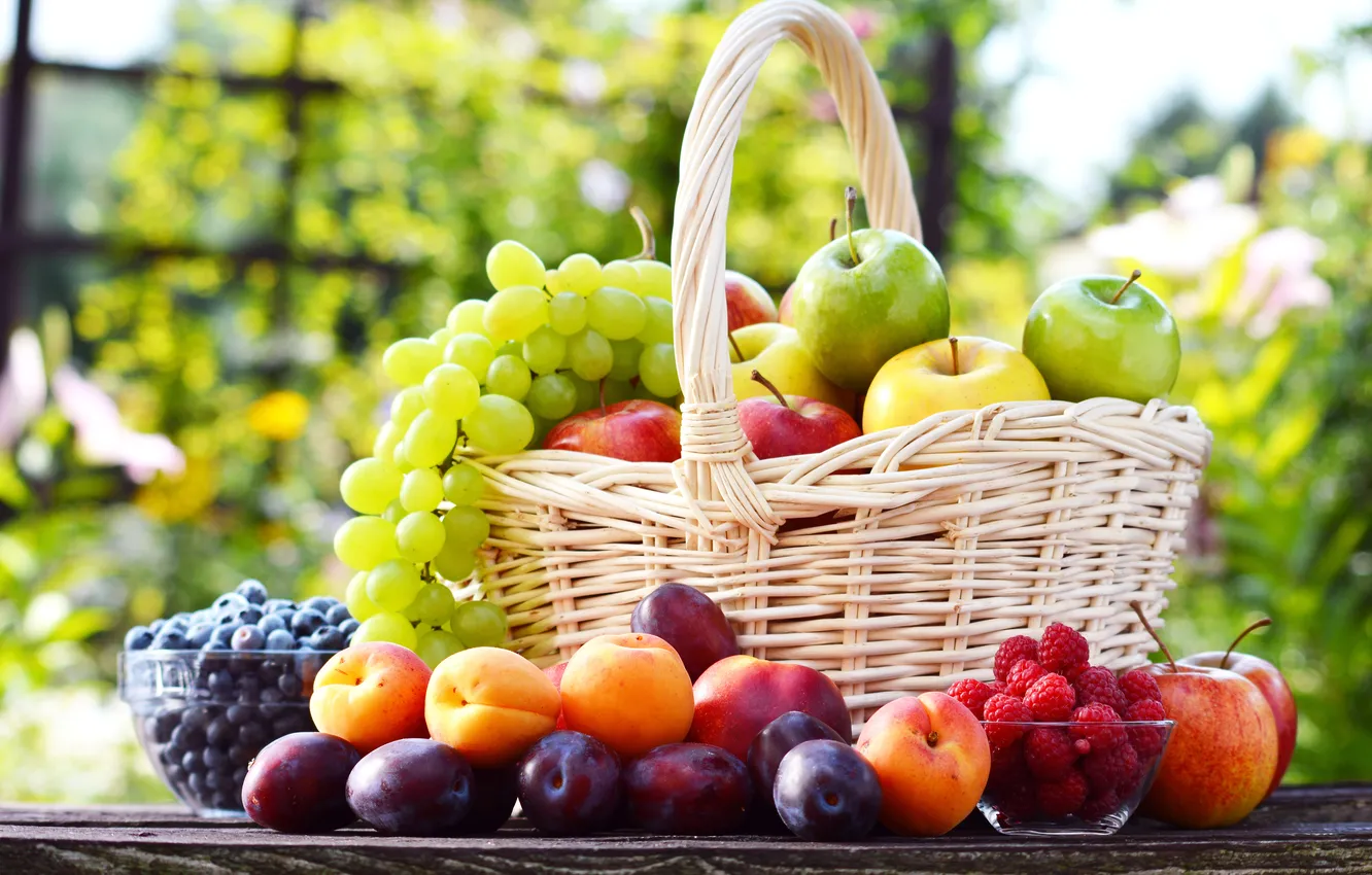 Фото обои ягоды, малина, корзина, яблоки, виноград, фрукты, сливы, абрикосы