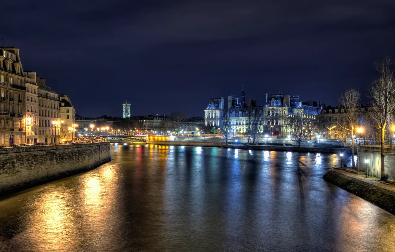 Фото обои ночь, огни, река, Paris, france, Hôtel de Ville