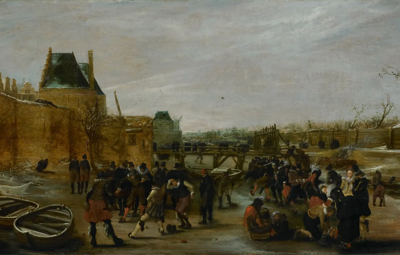 Фото обои пейзаж, масло, картина, Хендрик Аверкамп, 1620, Hendrick Avercamp, Развлечения на льду на городском канале
