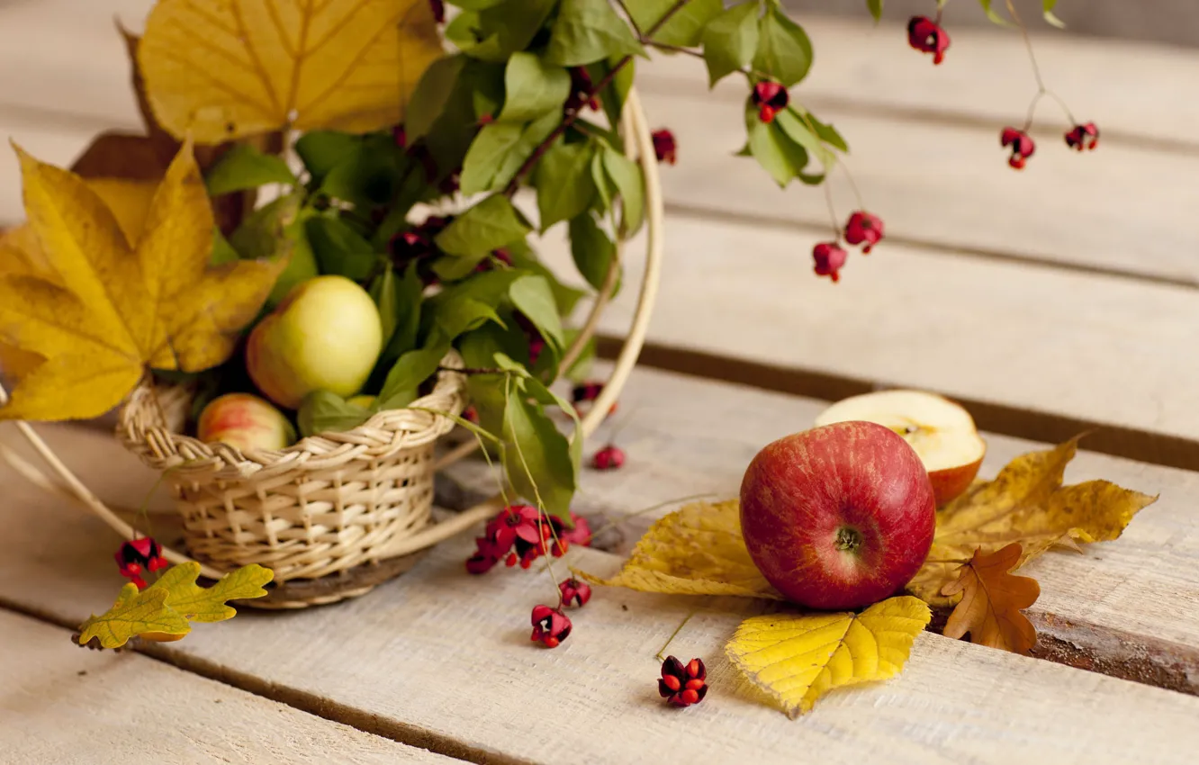 Фото обои осень, листья, яблоки, букет, натюрморт, корзинка, боке, осенние листья