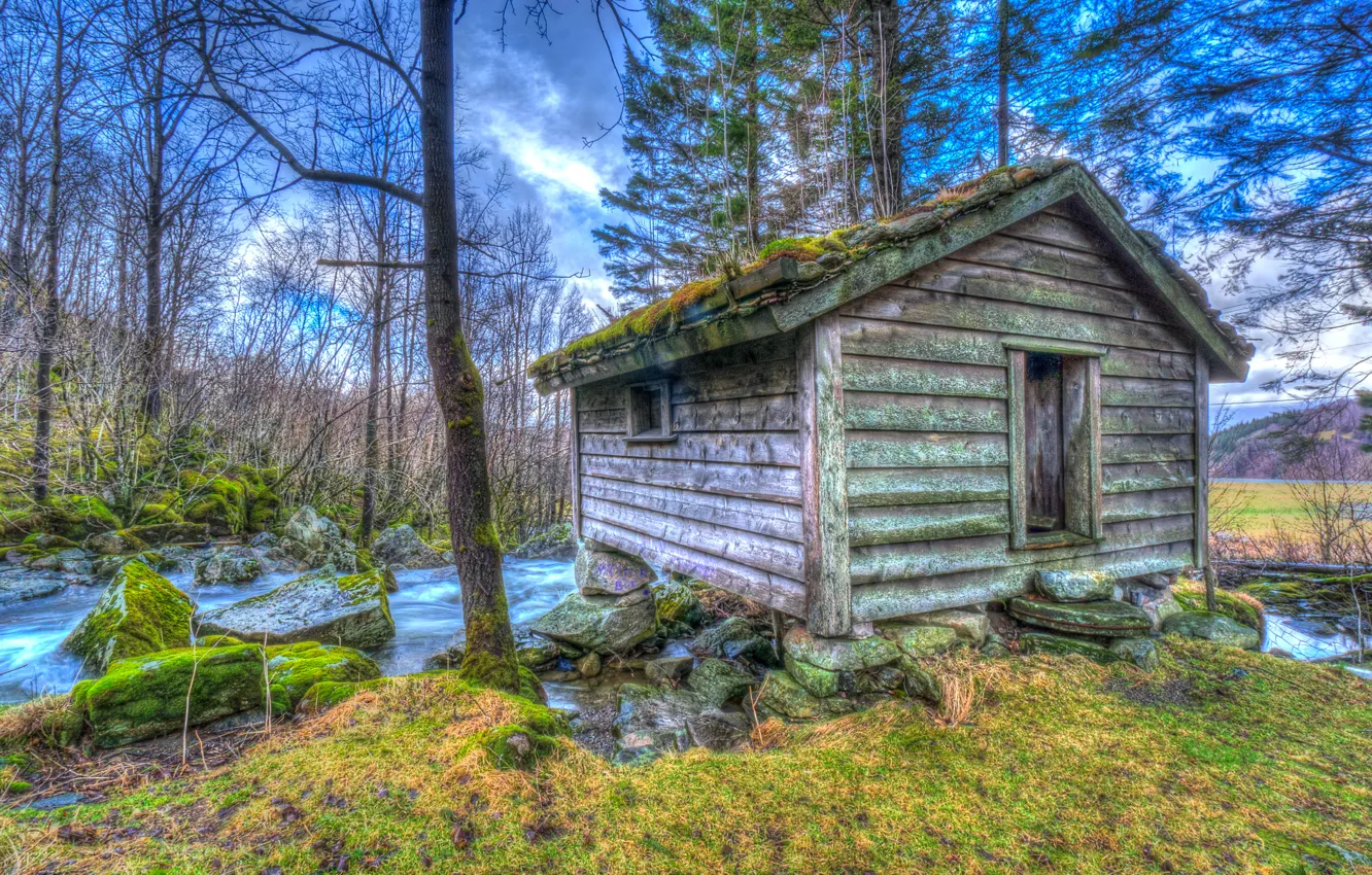 Фото обои лес, небо, облака, деревья, река, ручей, HDR, домик