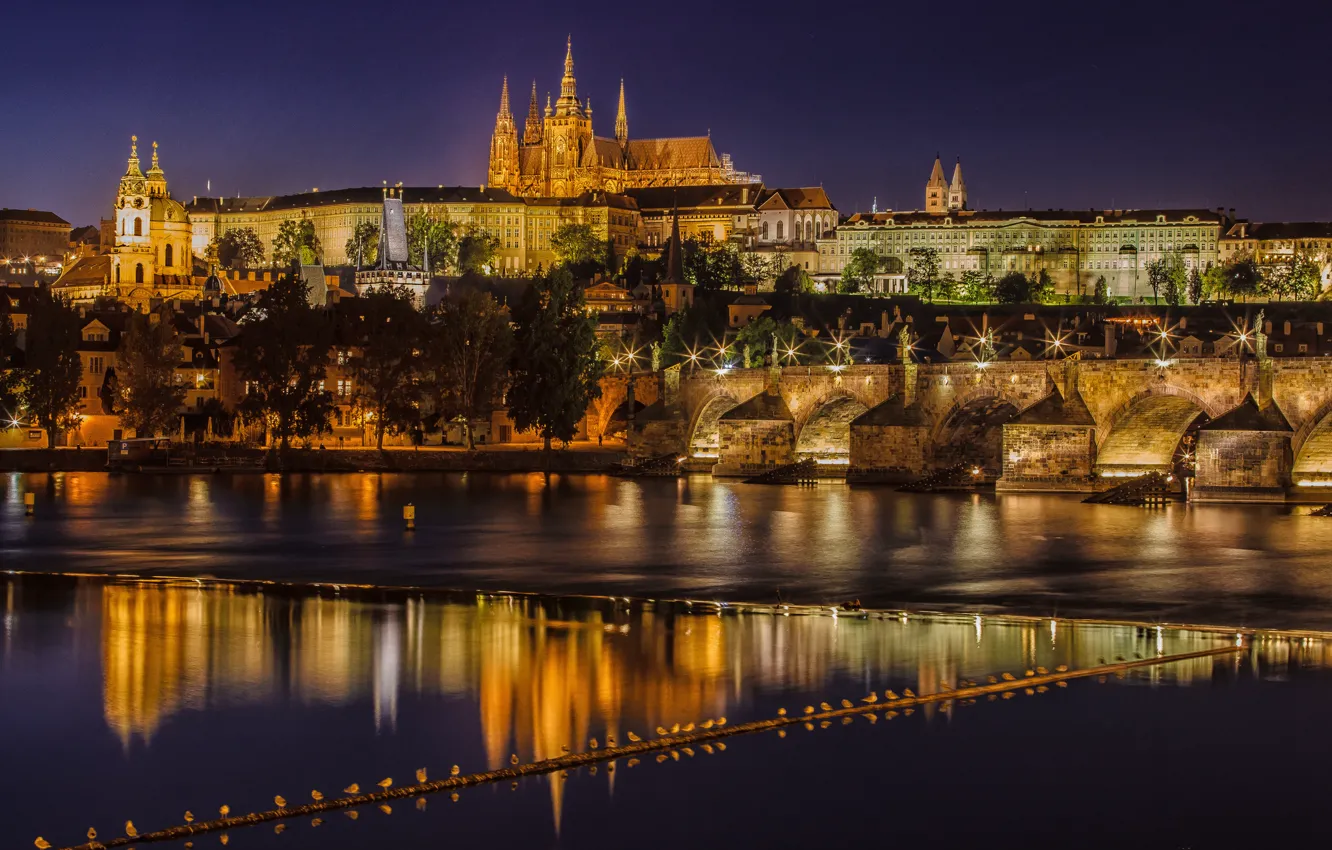 Фото обои Прага, Чехия, ночной город, Prague, Карлов мост, Czech Republic, Charles Bridge, река Влтава