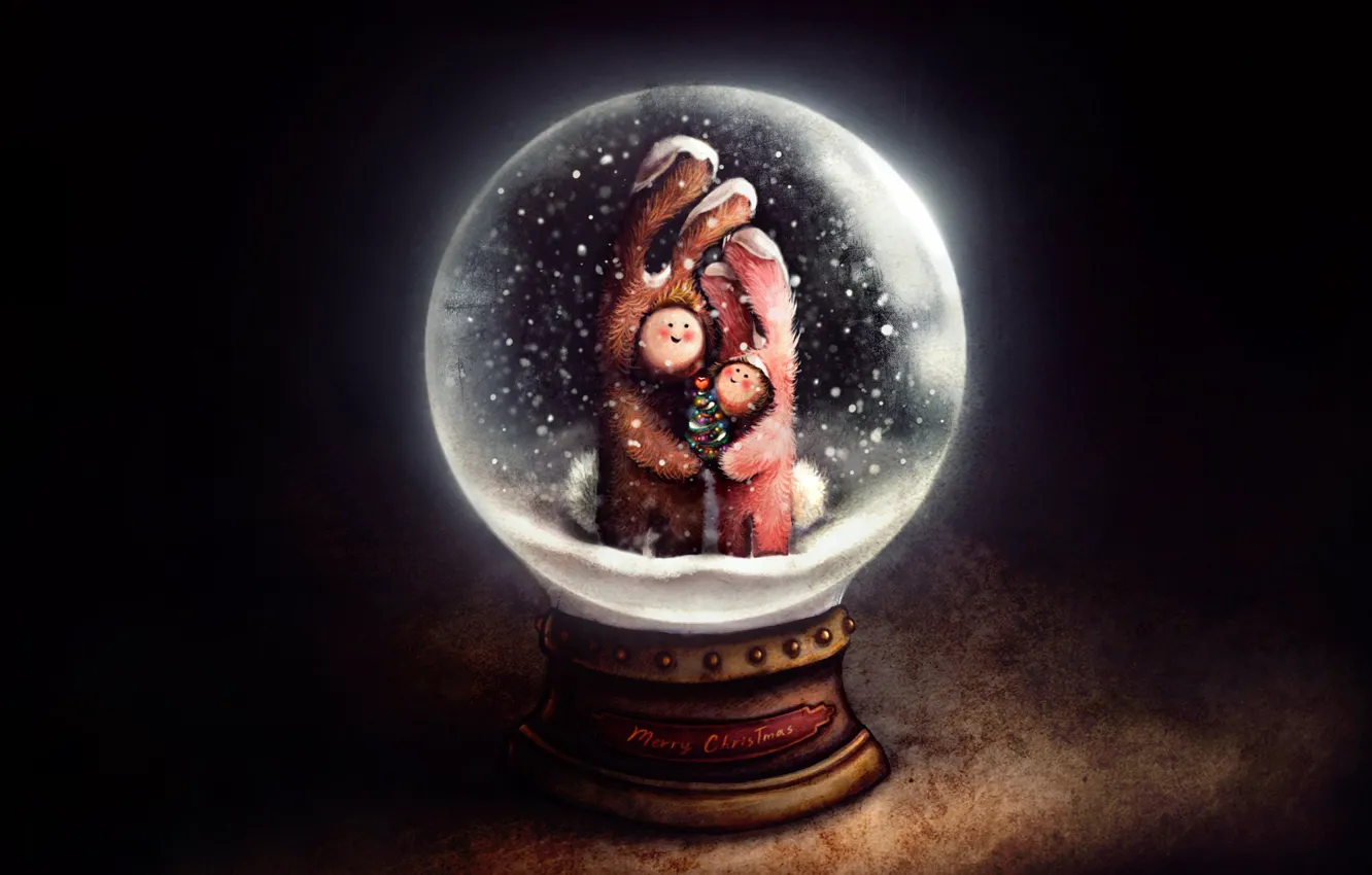 Фото обои снег, елка, шар, рождество, кролики, костюмы