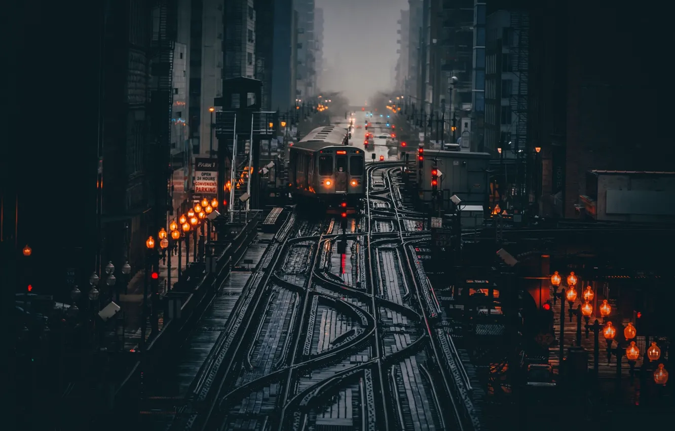 Фото обои свет, город, огни, мрак, поезд, утро, Чикаго, фонари