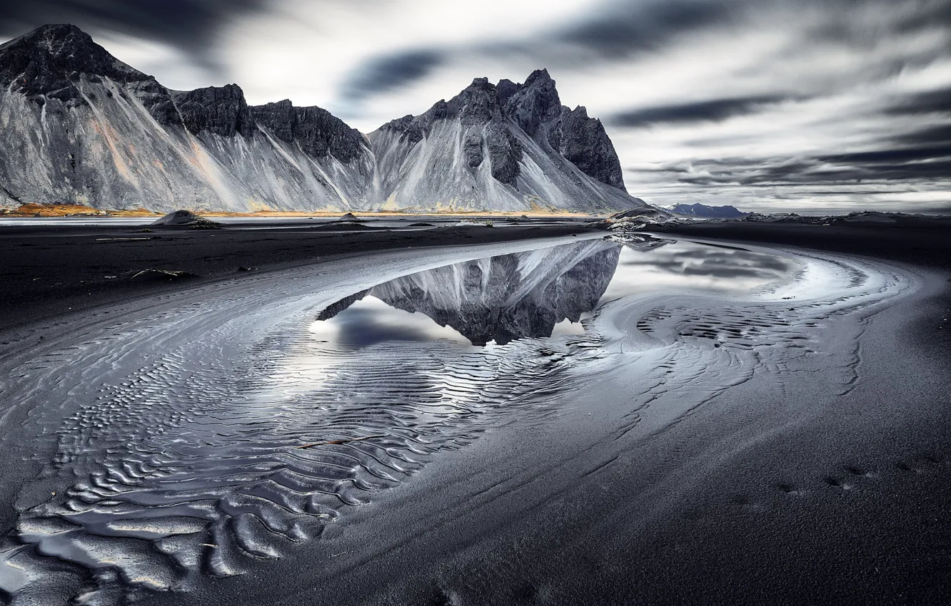 Фото обои sea, reflection, Vestrahorn Islande