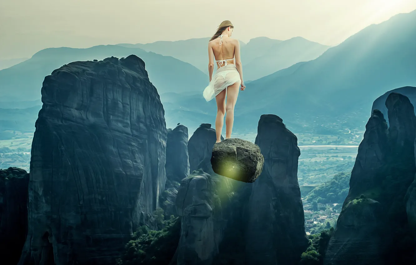 Фото обои девушка, свет, полет, пейзаж, горы, туман, камни, фантастика