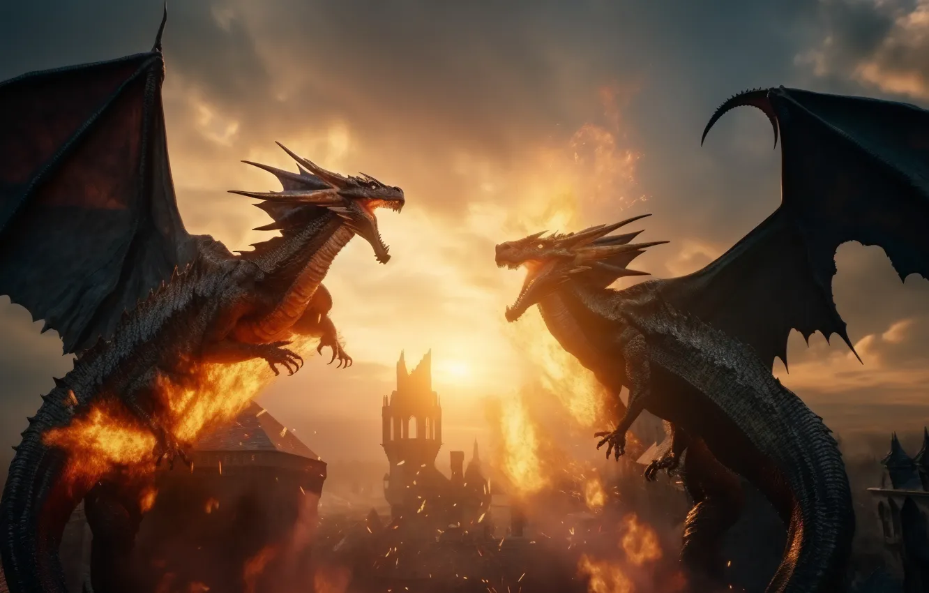 Фото обои огни, замок, дракон, крылья, оскал, двое, цифровое искусство, ИИ-арт