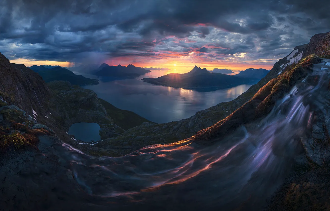 Фото обои закат, горы, водопад, вечер