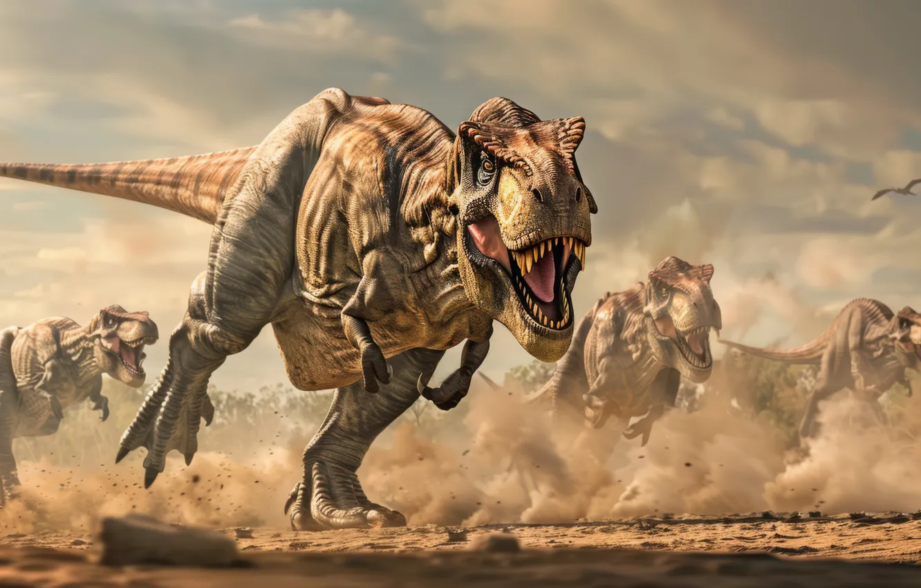 Фото обои Пыль, Бег, Хищник, Животные, Цифровое искусство, Tyrannosaurus Rex, Динозавры, Тираннозавр Рекс