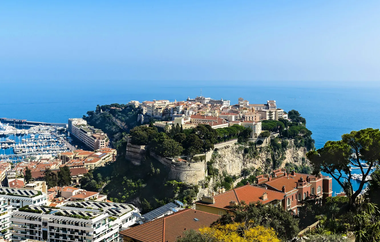 Фото обои море, город, скалы, побережье, дома, горизонт, вид сверху, Монако
