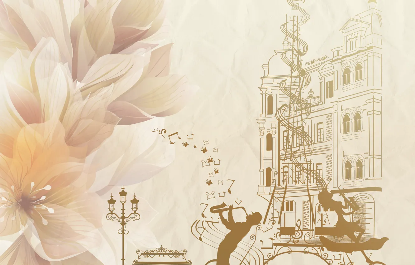 Фото обои цветок, девушка, музыка, эйфелева башня, париж, мелодия, юноша, саксофон