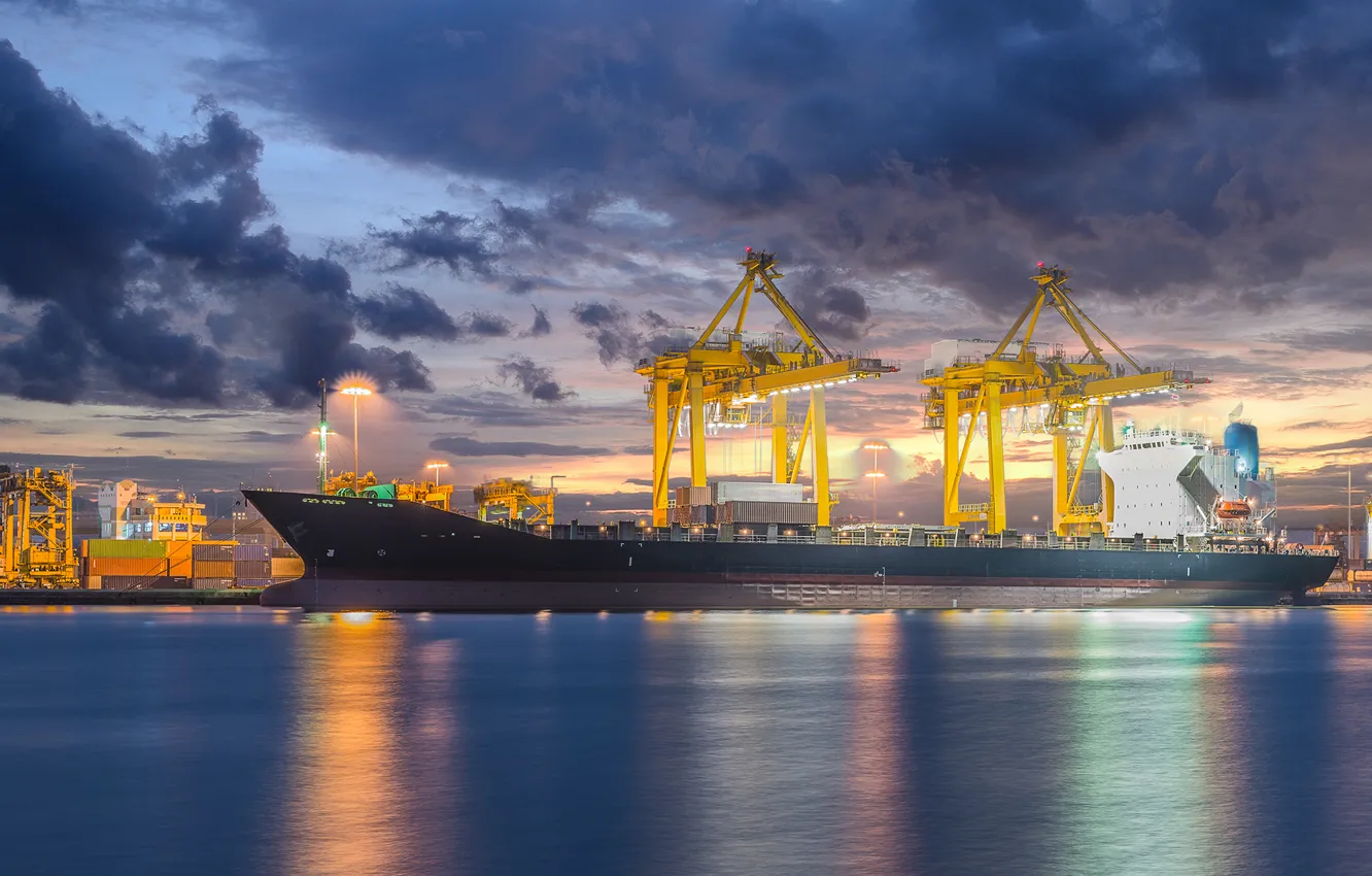 Фото обои dusk, industrial, ship, cargo, crane, shipyard, logistic