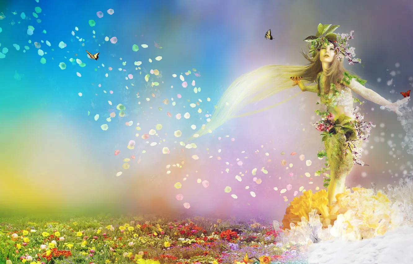 Фото обои девушка, бабочки, цветы, природа, фантастика, времена года, весна, арт