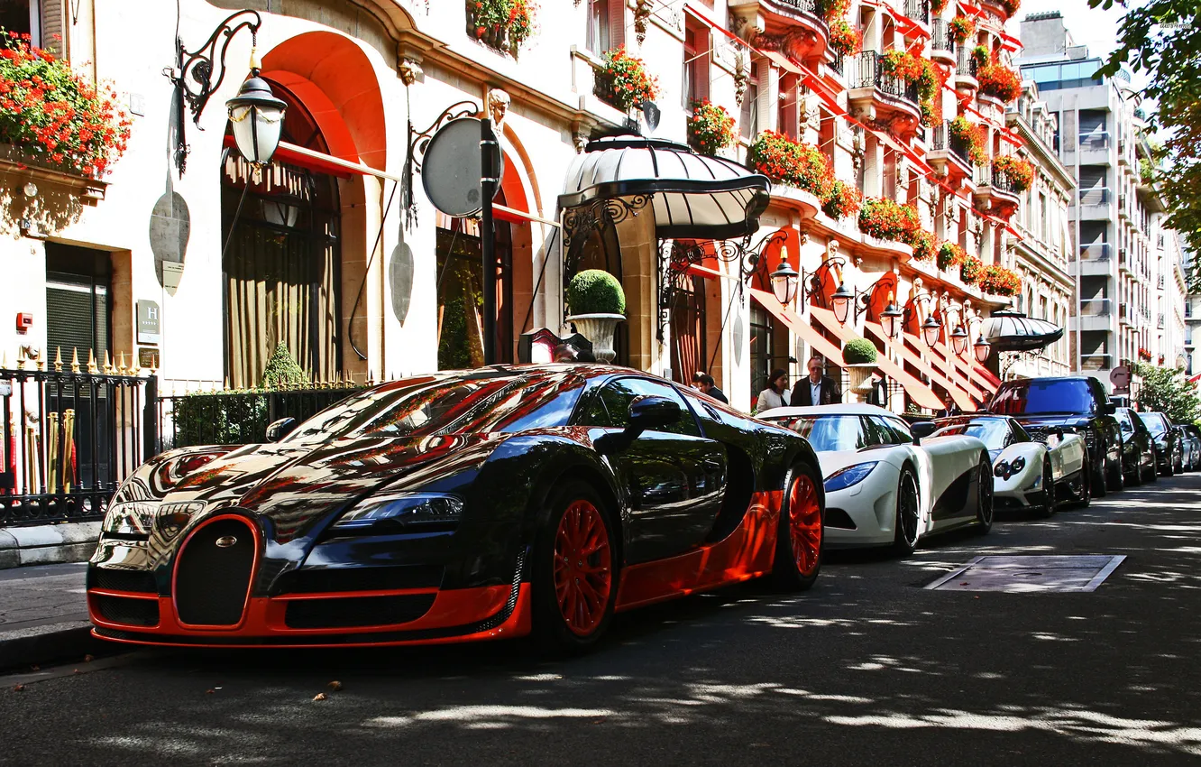 Фото обои улица, Bugatti, Veyron, supercar, Black, Street
