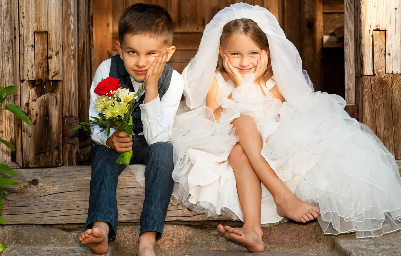 Фото обои дети, улыбка, букет, мальчик, девочка, двое, невеста, жених
