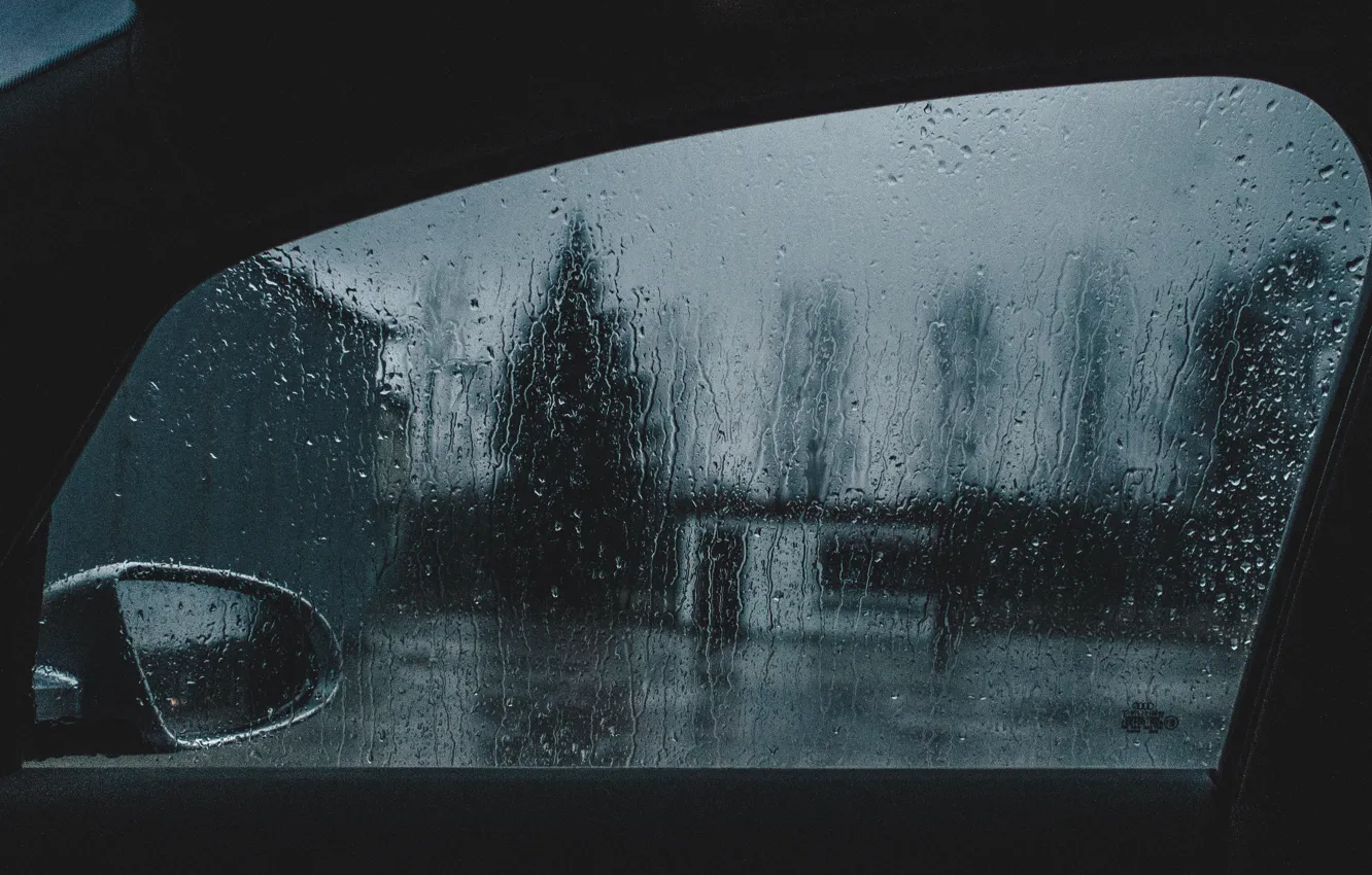 Фото обои машина, стекло, капли, дождь