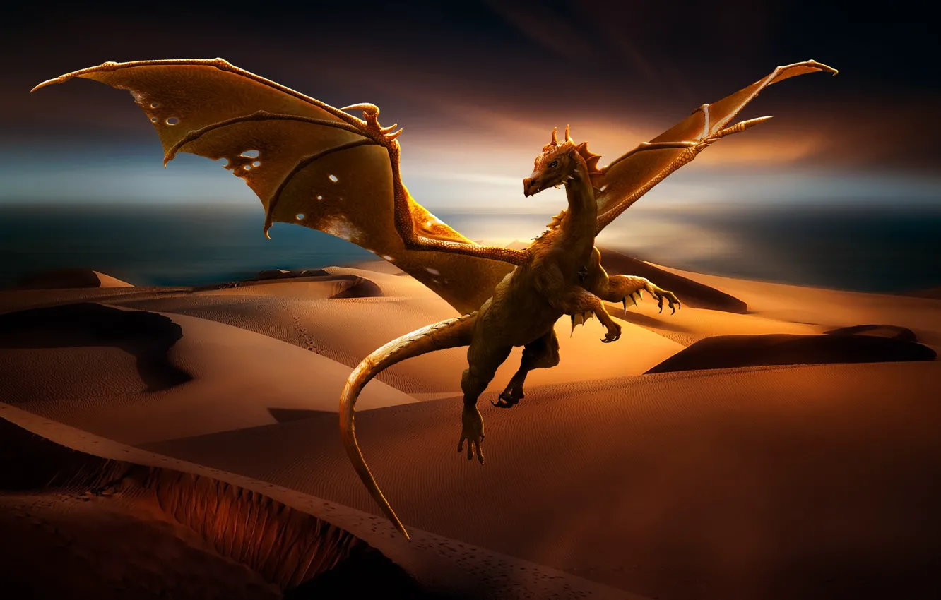 Фото обои песок, природа, пустыня, дракон, фэнтази