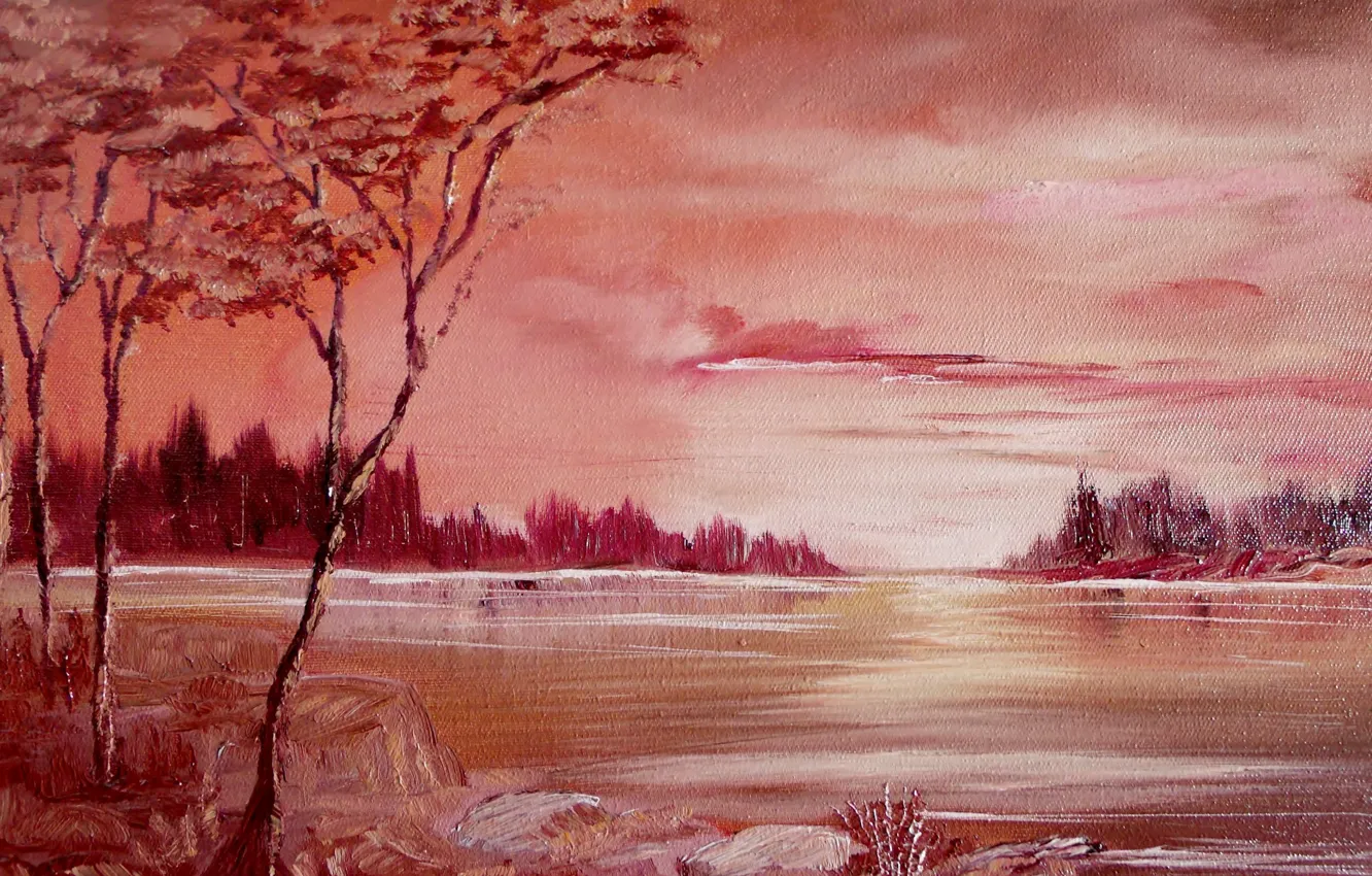 Фото обои деревья, река, нарисованный пейзаж
