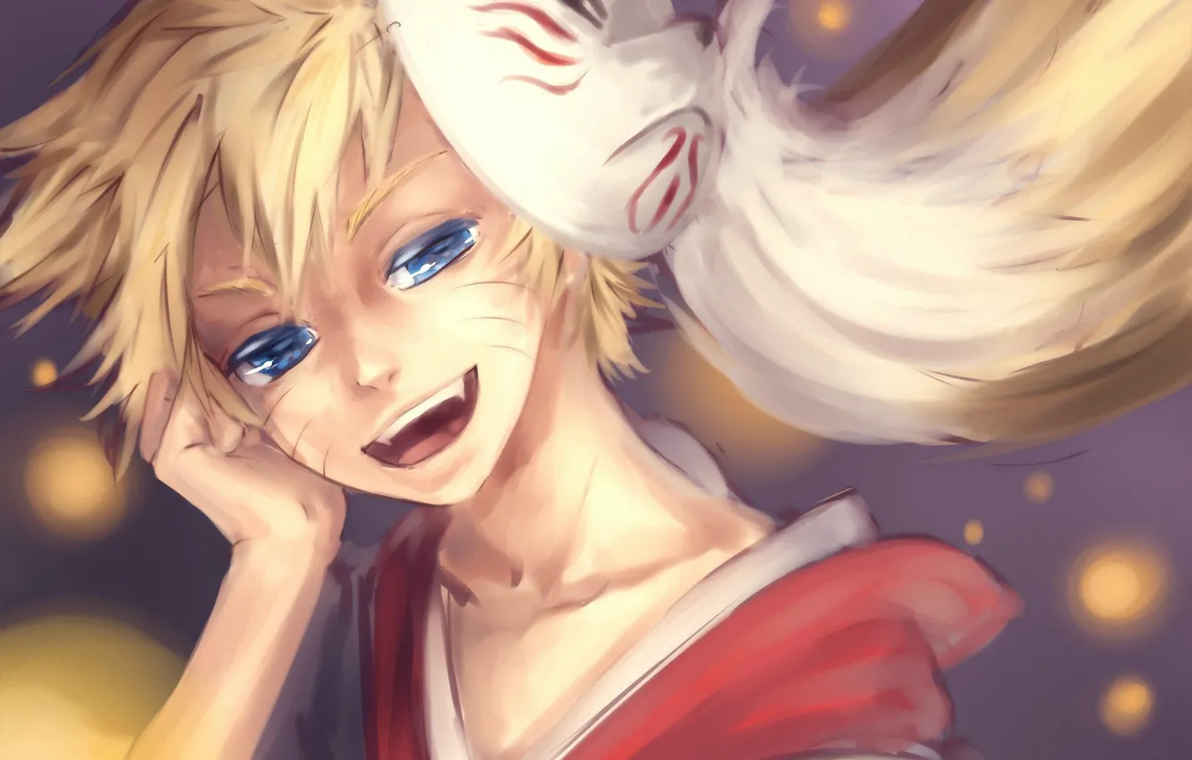 Фото обои улыбка, рука, мальчик, маска, голубые глаза, Наруто, Naruto, озорник