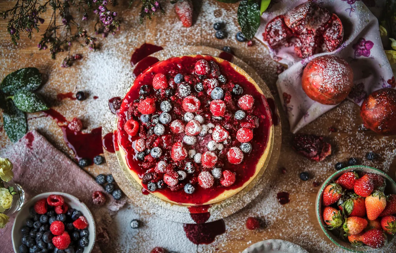 Фото обои ягоды, пирог, сахар