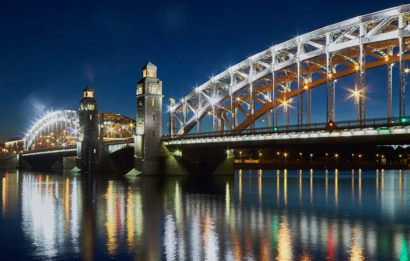Фото обои ночь, мост, огни, река, Санкт-Петербург, Russia, river, bridge