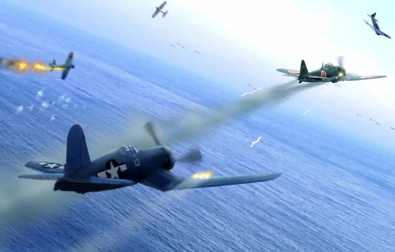 Фото обои aircraft, war, art, airplane, aviation, ww2, dogfight, japanese aircraft