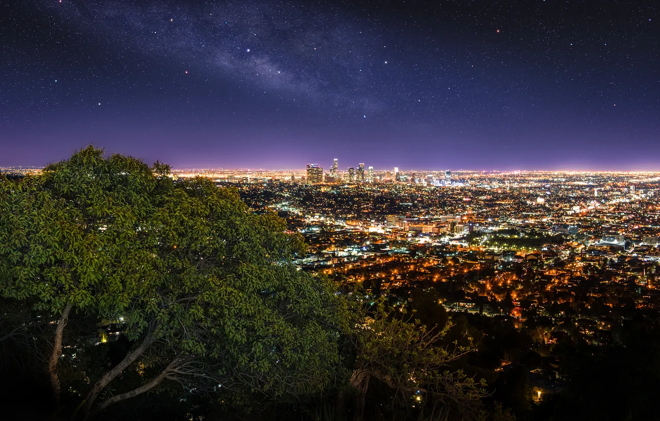 Фото обои город, Los Angeles, Griffith Observatory, панорама. огни