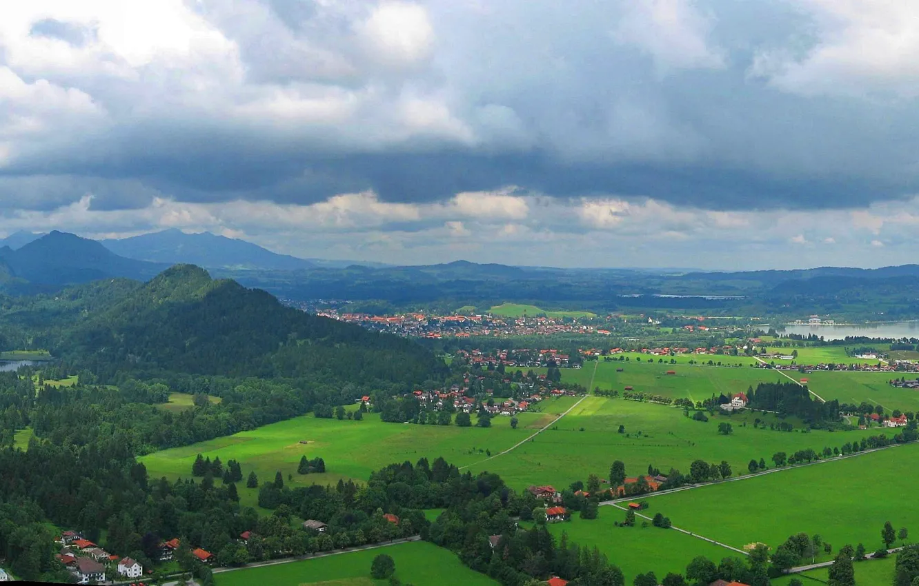 Фото обои Дома, Горы, Деревья, Германия, Панорама, Замок, Бавария, Germany