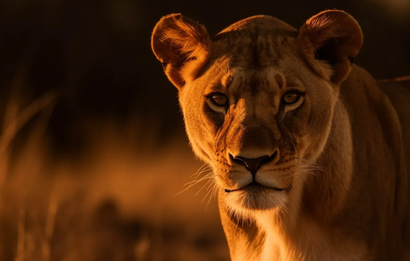 Фото обои морда, свет, портрет, львица, цифровое искусство, ИИ-арт, Искусство искусственного интеллекта, НЕЙРОСЕТЬ