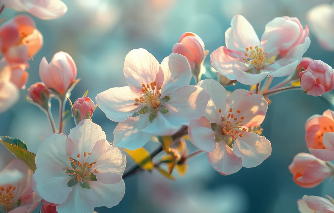 Фото обои свет, цветы, ветка, весна, лепестки, розовые, белые, яблоня