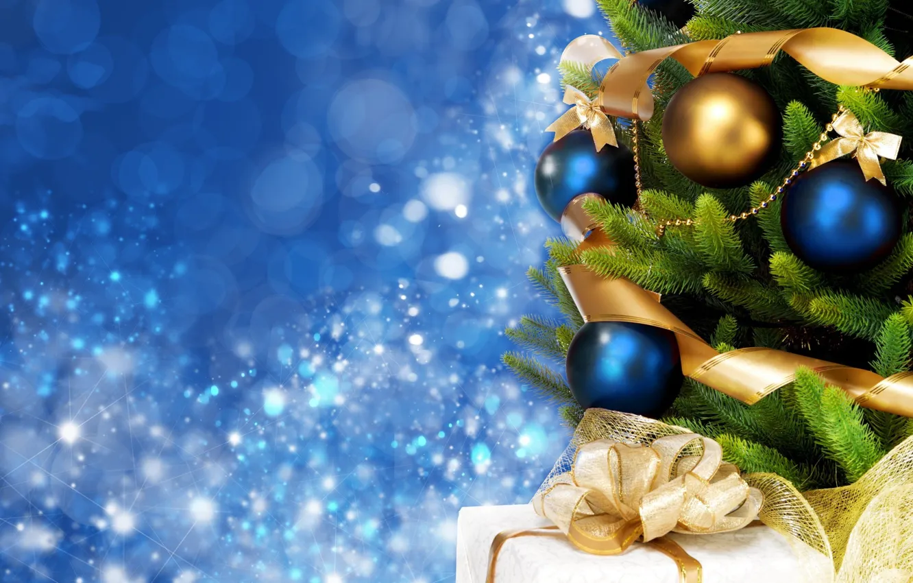 Фото обои фон, праздник, голубой, widescreen, шары, обои, елка, новый год
