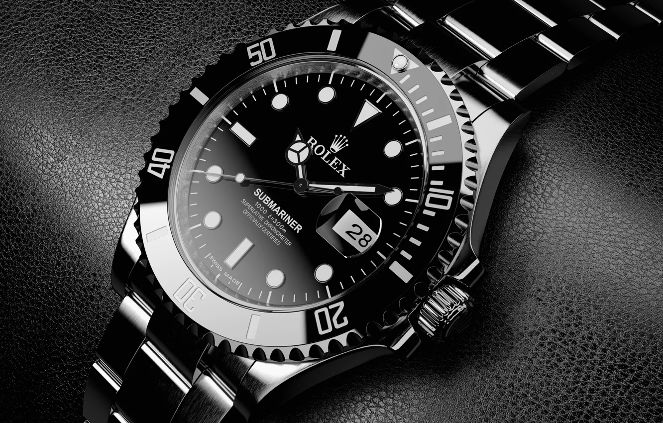 Фото обои silver, black, watch, elegant, black leather, Titanium, Rolex