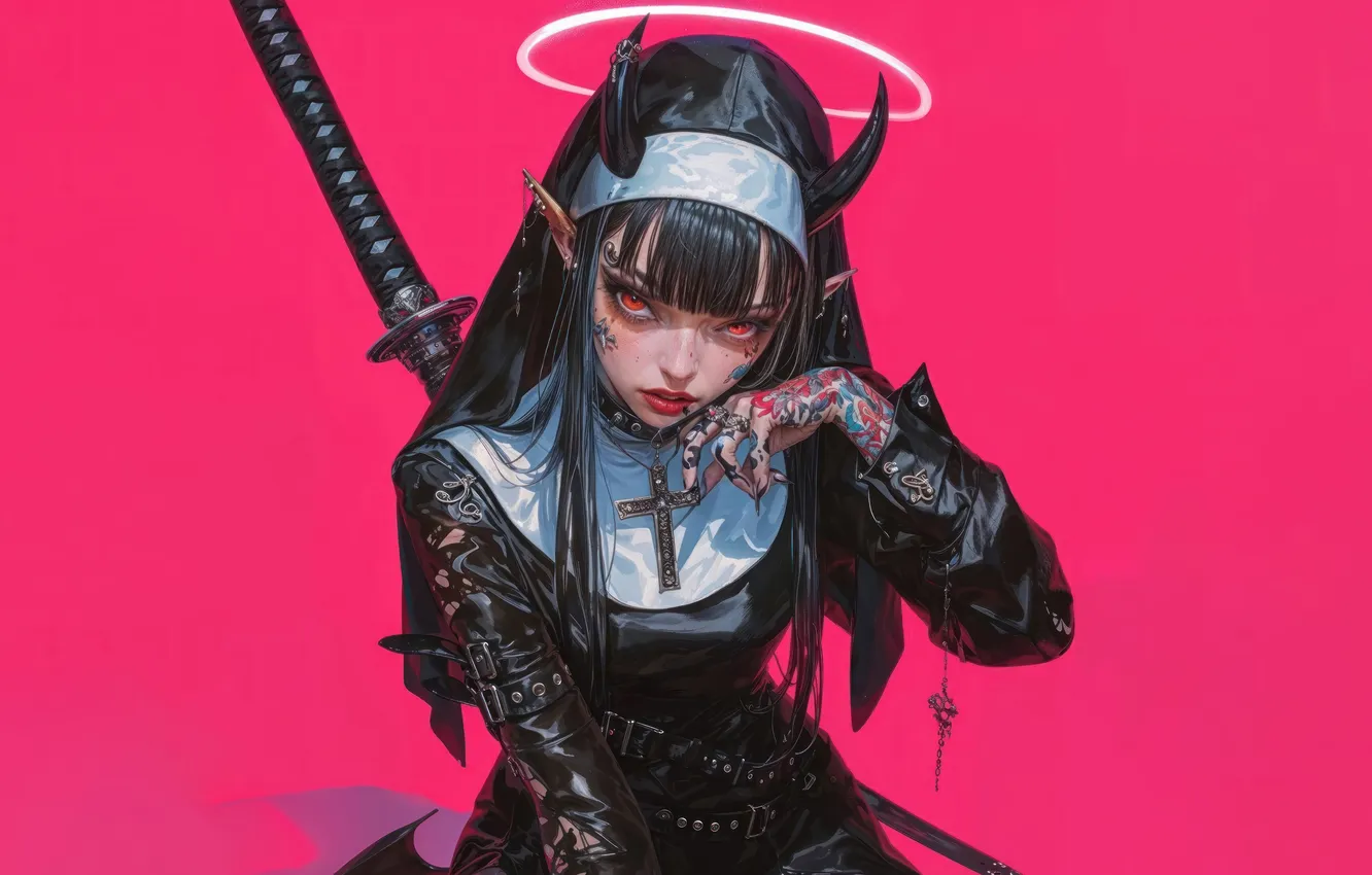 Фото обои Devil, Anime, Tattoo, Katana, Demon, Pink Background, Nun, Anime Girl